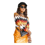 Blusa Escocesa Losangos Suéter Feminino Com Gola