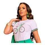 Blusa Feminina Branca Algodão Bordada Bicicleta Detalh Verde