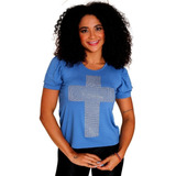 Blusa Feminina Cruz Prata Strass Manga Princesa Cristã