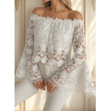 Blusa Feminina Elegante Delicada Renda Guipir Manga Flare