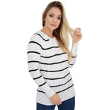 Blusa Feminina Listras Trançada Trico Branco Preto Tam Único