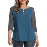 Blusa Feminina Manga 3 4 Raglã Casual Gola Redonda Cor Block Henley Blusa De Botão Azul G