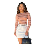 Blusa Feminina Manga Longa Suéter Listrada Trico Modal