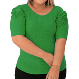 Blusa Feminina Plus Size Manga Curta Bufante Lese Elastano
