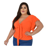 Blusa Feminina Plus Size Manga Curta Decote V Amarração Top