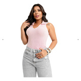 Blusa Feminina Regata Tricot Com Gola Polo Decote V Básica