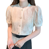 Blusa Feminina Renda Guipir Crochis Importada Manga Curta