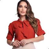 Blusa Feminina Social Manga Curta Bufante Com Lacinho