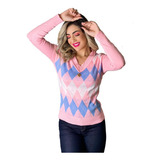 Blusa Feminina Suéter Escocesa Xadrez Tricot Gola V