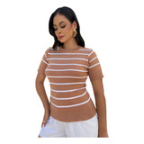 Blusa Feminina Tricô Manga Curta Básica Elegante Casual