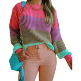 Blusa Feminina Tricô Tricot Listrada Colorida Moda Inverno