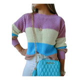 Blusa Feminina Tricô Tricot Listrada Colorida Moda Inverno