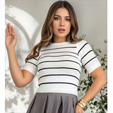 Blusa Feminina Tricot Modal Gola Redonda Estampa Listrada