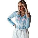 Blusa Feminina Xadrez Tricot Suéter Escocesa Blogueira Golav