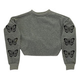 Blusa Frio Moletom Cropped Helanca Preto Borboletas Na Manga