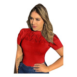 Blusa Gola Alta Manga Curta De Trico Inverno Feminina