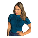 Blusa Gola Alta Manga Curta De Trico Inverno Feminina