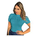 Blusa Gola Alta Manga Curta De Trico Inverno Feminina