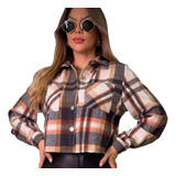 Blusa Jaqueta Cropped Feminina Xadrez Manga Longa