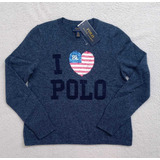 Blusa Lã Polo Ralph Lauren Azul C Coração De Paetê Promoção