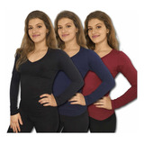 Blusa Manga Longa Feminina Gola V Kit 3 Peças Basica