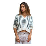 Blusa Polo Algodão Tricot Premium Listrada Cropped Feminina