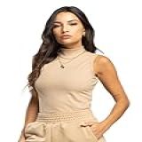 Blusa Regata Feminina Canelada Gola Alta Camiseta Feminina Básica Manga Curta E Gola Alta Moda Adulta Feminina Vicbela BR Alfa G Regular Bege