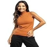 Blusa Regata Feminina Canelada Gola Alta Camiseta Feminina Básica Manga Curta E Gola Alta Moda Adulta Feminina Vicbela BR Alfa M Regular Terracota