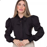 Blusa Social Feminina Manga Longa Bufante Com Gola De Laço