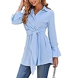 Blusa Solta Bainha Longa Com Cinto Gola Virada Para Baixo Cor Pura Para Comprar Para Mulheres Azul Claro M