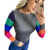 Blusa Sueter Feminino De Tricot Tricô Colorida Manga Lurex