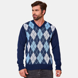 Blusa Suéter Masculino Trico Malha V Manga Longa Escocês