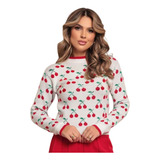 Blusa Suéter Tricô Feminino Modal Estampa Cereja