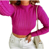 Blusa Tricot Feminino Cropped Trança Tricô Modal Manga Long