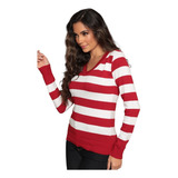 Blusa Tricot Listrada Feminina Gola V Inverno