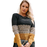 Blusa Tricot Manga Longa Relevo Tricolor