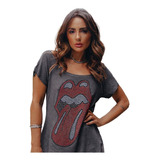 Blusa Tshirt Estonada Rolling Stones Bordado Pedraria