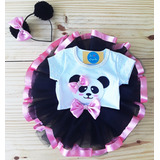 Body Bebê Panda Tiara Saia De Tutu Mesversário Conjunto