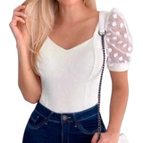 Body Blusa Blusinha Manga Curta Tule Poa Bolinha Feminino