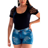 Body Blusa Blusinha Manga Curta Tule Poa Bolinha Feminino