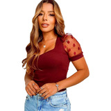 Body Blusa Blusinha Manga Curta Tule Poa Bolinha Feminino