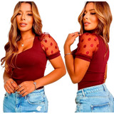 Body Blusa Blusinha Manga Curta Tule Poa Bolinha Feminino