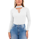 Body Blusa Blusinha Manga Longa Gola Choker Roupas Femininas