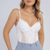 Body Blusa Blusinha Renda Decotada Tule Lingerie Sensual
