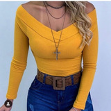 Body Blusa Canelada Ombro A Ombro Manga Longa Body Com Bojo