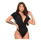 Body Blusa Feminino Manga Curta Bufante Transpassado Gola V