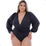 Body Blusa Feminino Plus Size Manga Longa Golav Transpassado