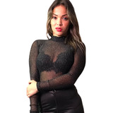 Body Blusa Fio Lurex Segunda Pele Manga Longa Transparente