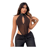 Body Blusa Tule Transparente Brilho Frente Única Costas Nua