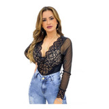 Body Bore Feminino Renda Manga Longa